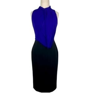 Karen Millen Color Block Tie Neck Pencil Dress Blue/Black Women's Size 6 NWT